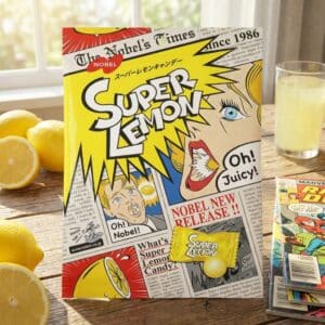 Colorful comic‑style candy box reading 'Super Lemon' on a wooden table with lemons and a glass of lemonade nearby.
