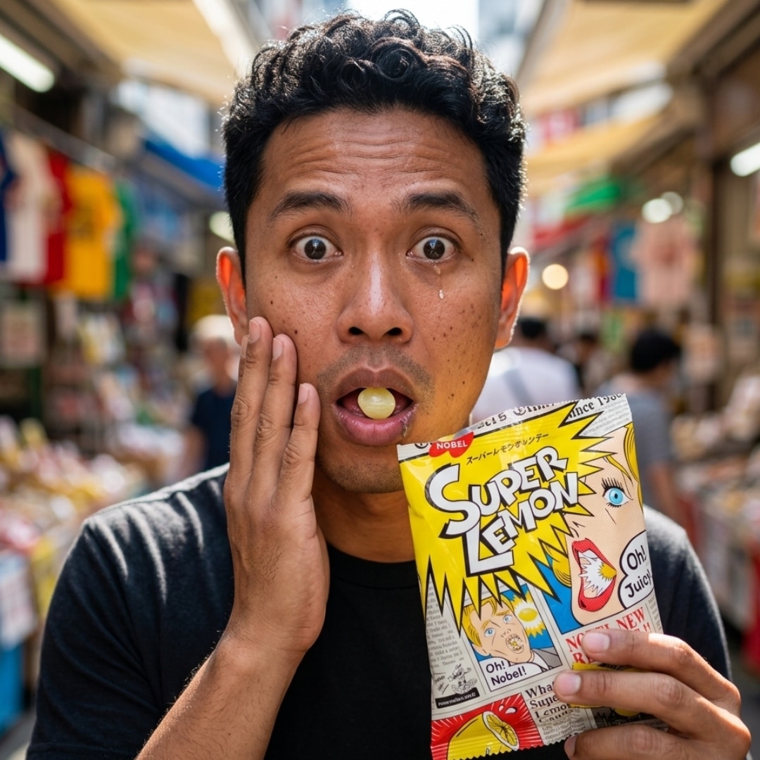 super lemon | Snack Affair Archives Man in a busy market holds a bright yellow cartoon-style juice box labeled 'SUPER LEMON,' with his mouth open in surprise.