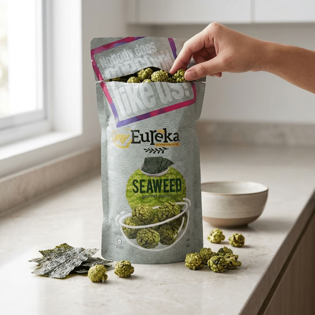 My Eureka Seaweed Gourmet Popcorn 2 | Snack Affair Archives Hands opening a bag of Eureka Seaweed gourmet popcorn on a kitchen counter.