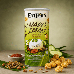 Eureka Nasi Lemak Gourmet Popcorn can with green-yellow gradient label and illustrations on the front.
