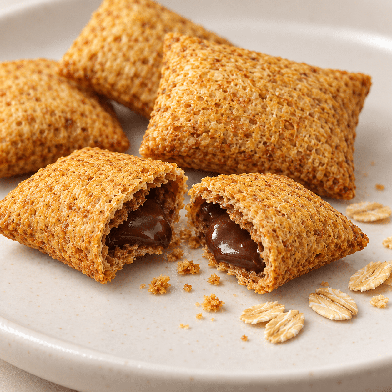 Golden oat pillows with dark chocolate | Snack Affair Archives Golden-brown crispy pastries filled with rich chocolate, arranged on a light plate with oats nearby