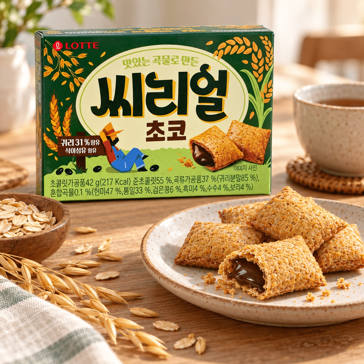 LOTTE chocolatefilled oat biscuits | Snack Affair Archives Green box of Lotte snack with Korean text, chocolate-filled wafer cookies on a plate, oats and wheat stalks on the wooden table in the foreground.