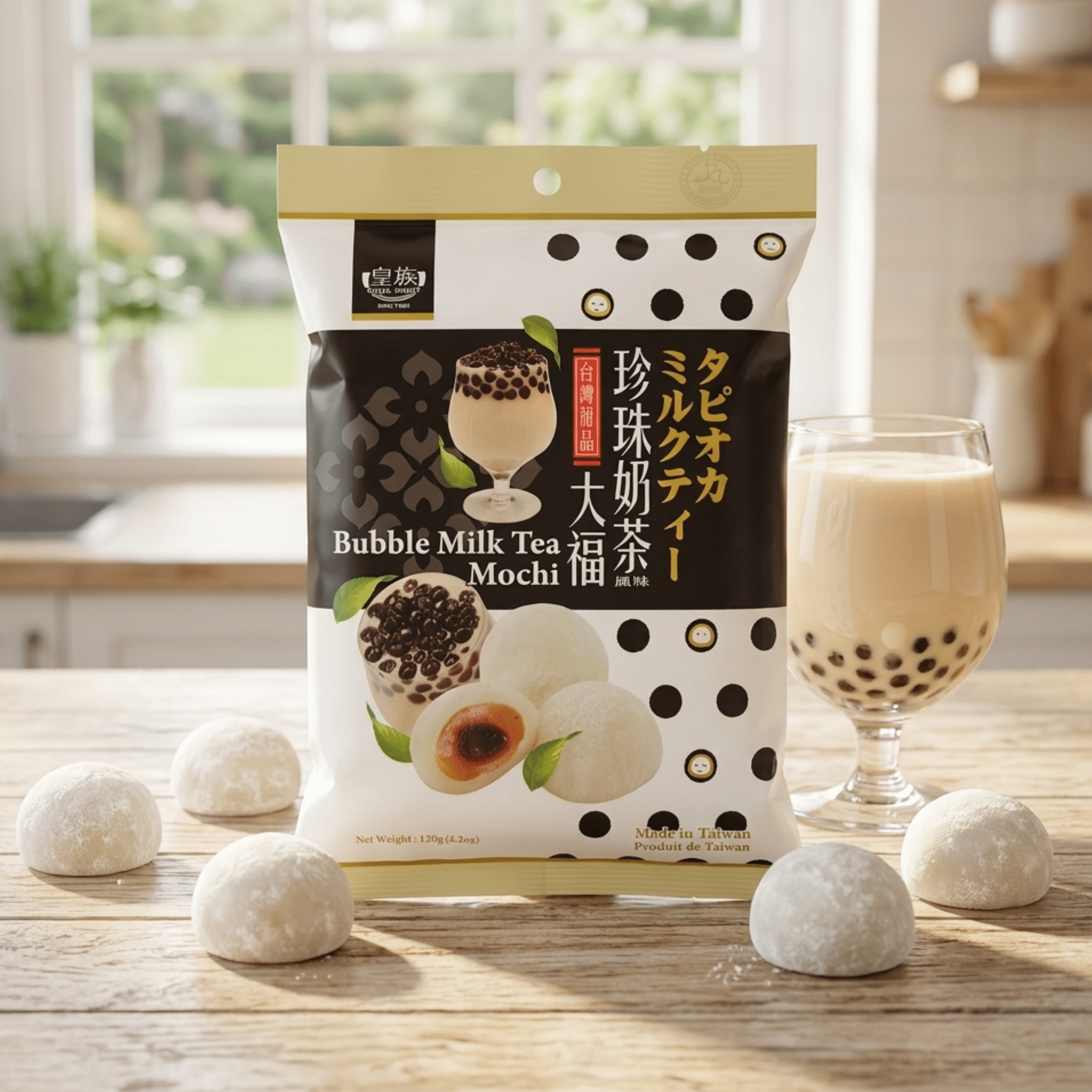 Royal Family bubble tea Mochi lifestyle bkgrd 2 | Snack Affair Archives Bag of Bubble Milk Tea Mochi on a wooden table, surrounded by white mochi balls and scattered tapioca pearls.