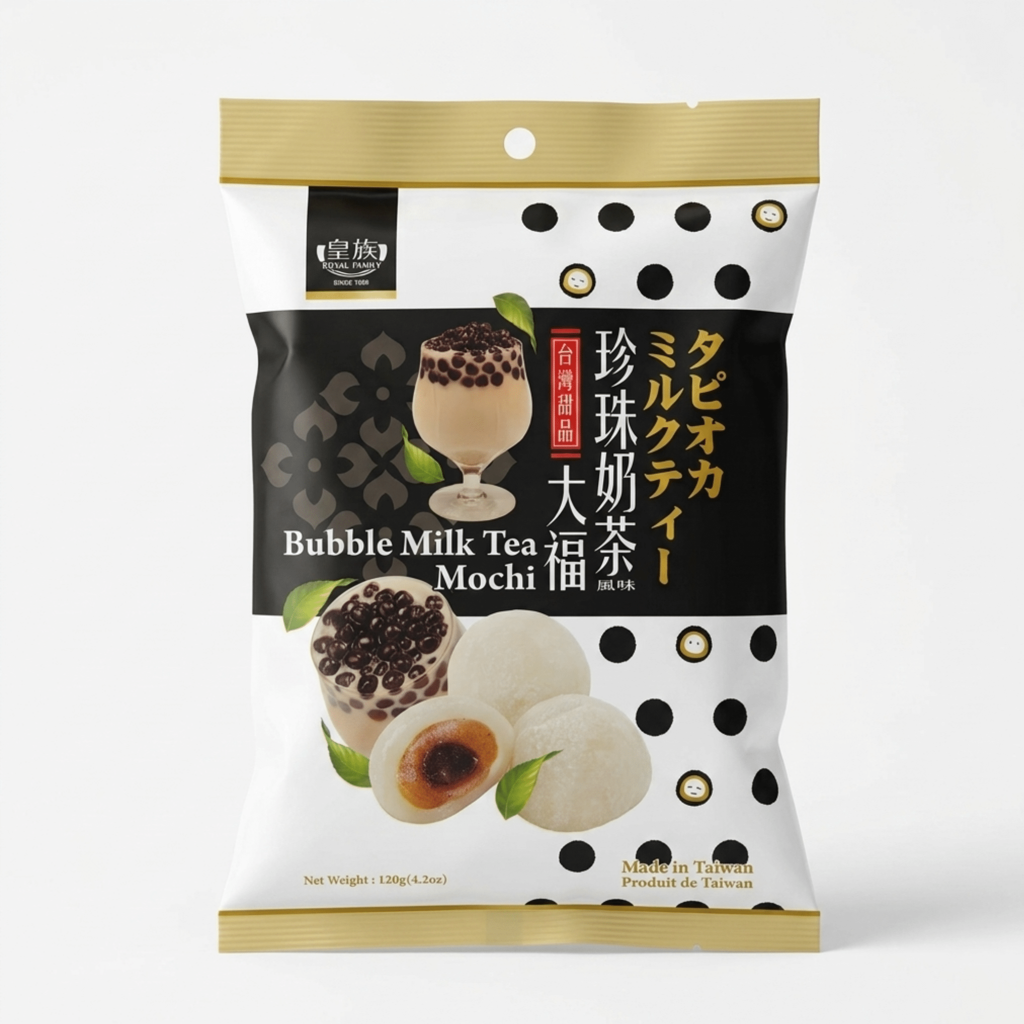 Royal Family bubble tea Mochi white bkgrd | Snack Affair Archives Pouch for Bubble Milk Tea Mochi snacks with black-and-white design, gold seal at top, and images of mochi and tapioca pearls on the front.