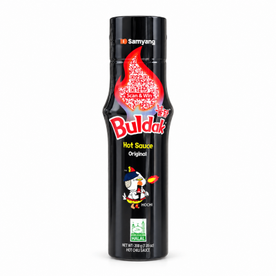Buldak Hot Sauce Original bottle with Samyang logo, red flame graphic, and HALAL label on a black bottle.