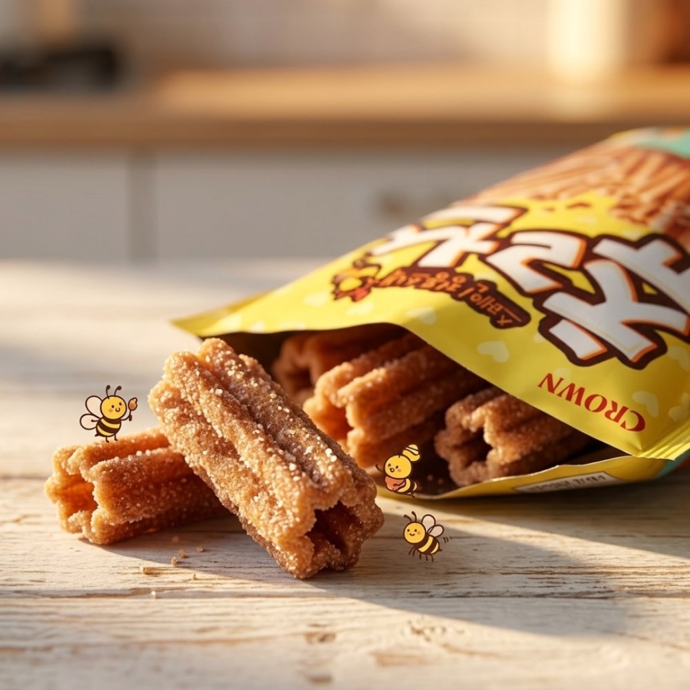 Crown Churroz Chips 2 | Snack Affair Archives Sugar-coated fried pastry sticks spilled from a bright yellow snack bag on a wooden table, with small bee illustrations nearby.