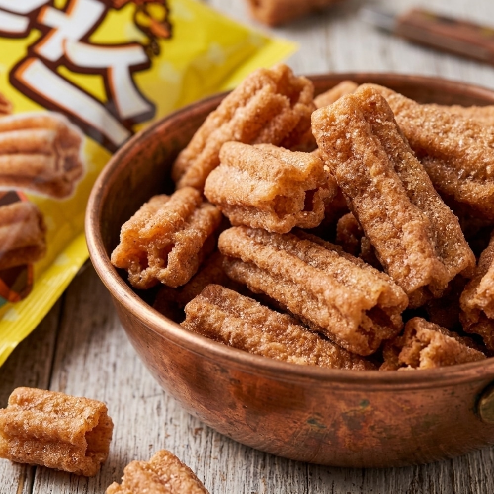 Crown Churroz Chips 3 | Snack Affair Archives Plate of sugar-coated fried dough sticks in a wooden bowl on a rustic table, with a yellow snack bag in the background