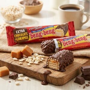 Chocolate-coated wafer bars (Beng-beng) with caramel pieces and peanuts on a wooden board beside a mug of coffee, creating a sweet snack scene.