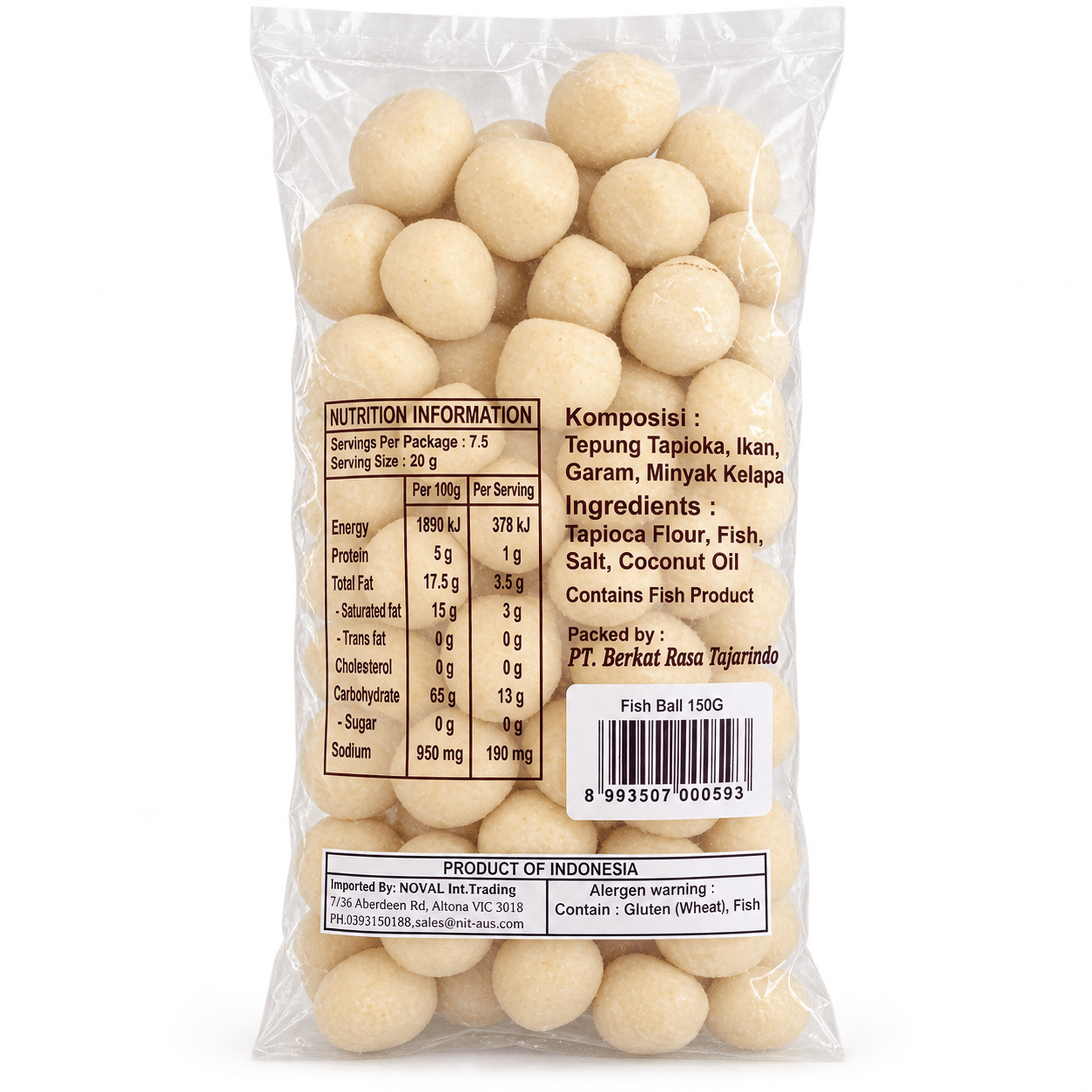 Rotary Fish Balls Crackers 150g White Background Back | Snack Affair Archives Bag of pale beige fish balls in a clear plastic package, with nutrition information printed on the front label visible on the bag