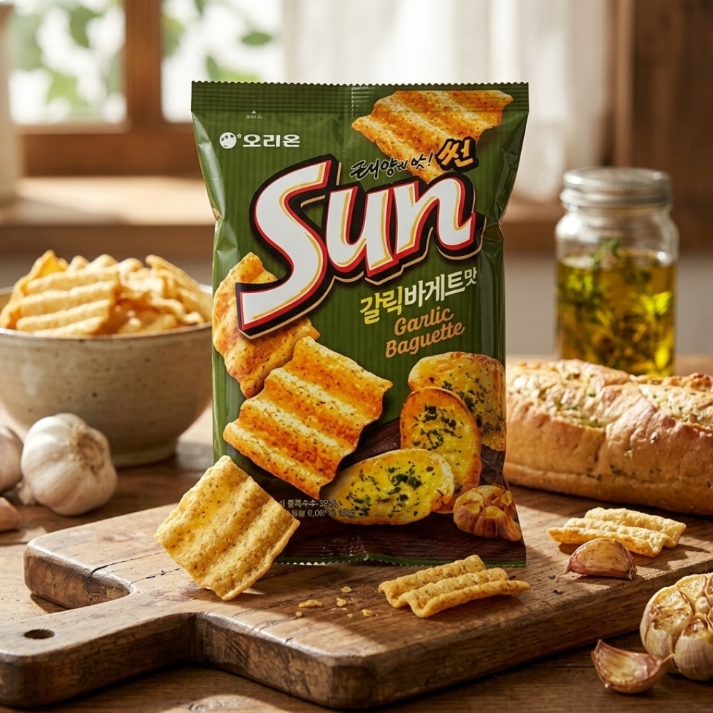 sun garlic baguette chips | Snack Affair Archives Snack bag labeled Sun Garlic Baguette on a wooden cutting board with crackers and garlic cloves nearby.