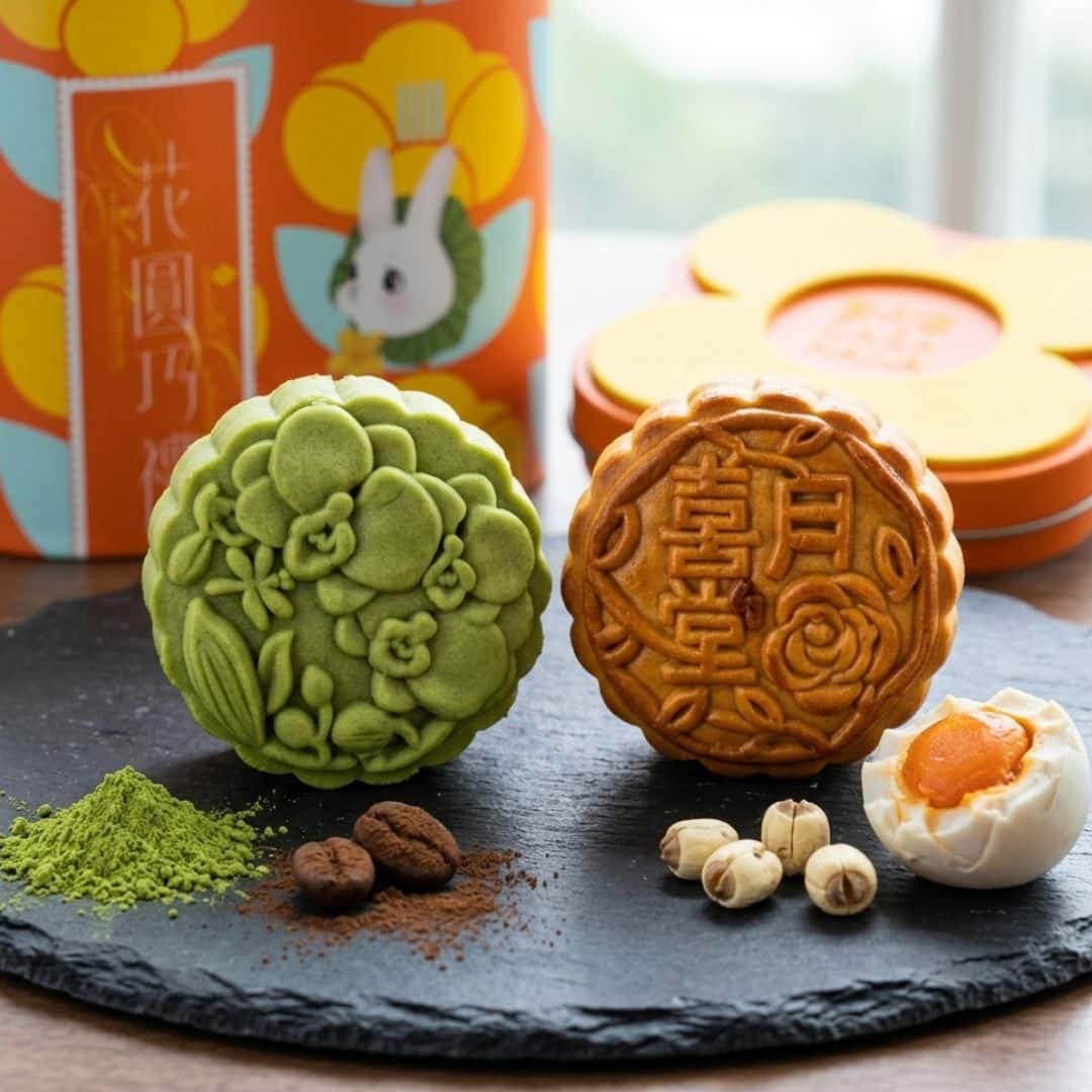 Casahana Mooncake Box Matcha Tiramisu and Luminare 2 | Snack Affair Archives Two decorative mooncakes on a slate board: one green matcha with floral pattern and one brown with Chinese characters, surrounded by pistachio powder and nuts; festive packaging in the background.