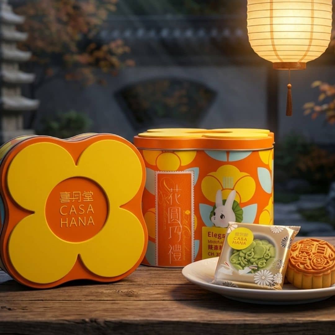 Casahana Mooncake Box Matcha Tiramisu and Luminare | Snack Affair Archives Bright orange-yellow mooncake gift tin and matching flower-shaped box labeled CASA HANA with a floral pattern, set on a wooden table beside a plate of mooncakes and a hanging lantern in warm evening light.