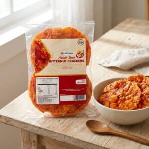 Archives Bag of Bitternut Crackers with a spicy sauce label, placed beside a bowl of crackers on a wooden table.