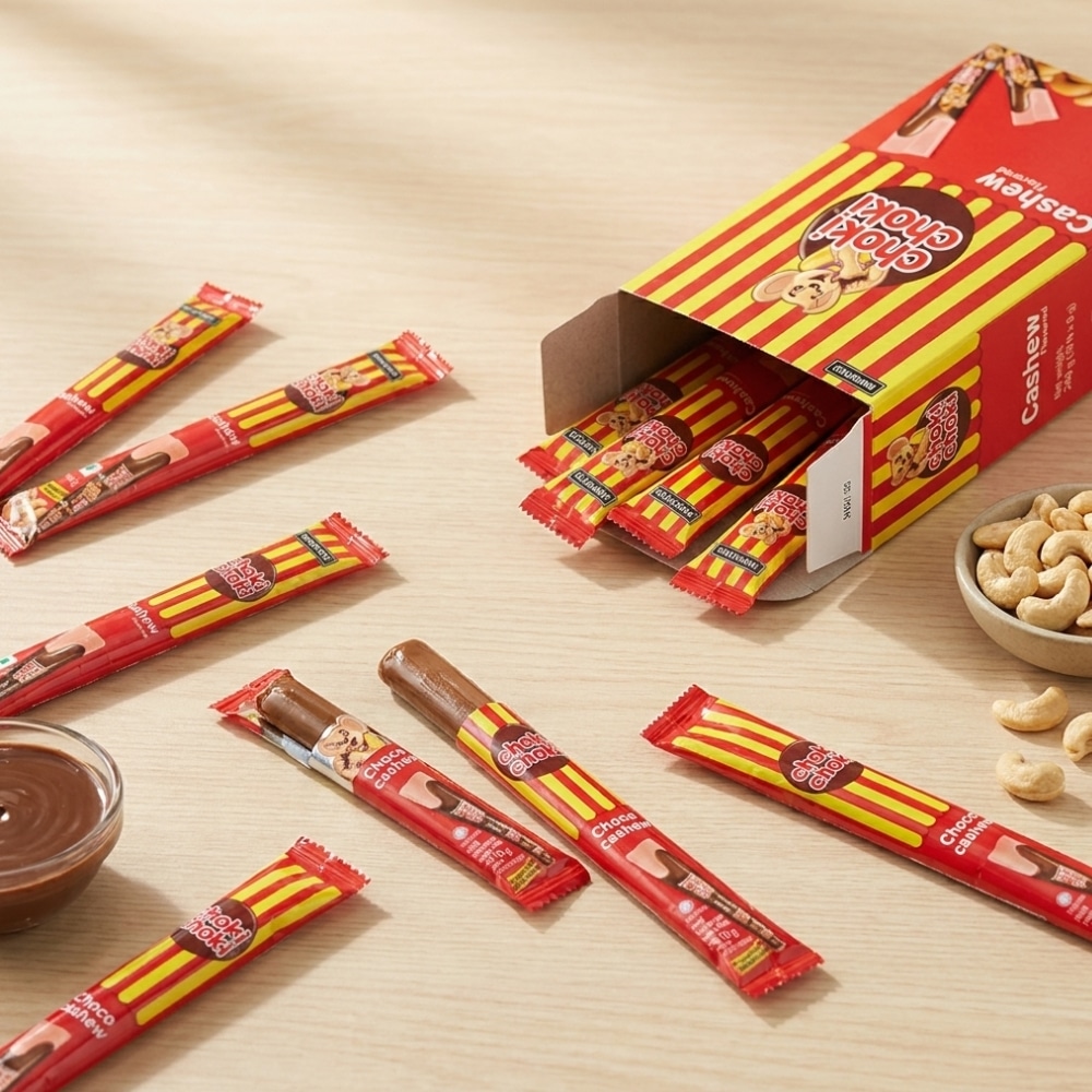 Choki Choki 3 1 | Snack Affair Archives Assorted chocolate-covered snack sticks with red-and-yellow wrappers spilled from a striped box, next to a bowl of cashews on a light wooden surface.