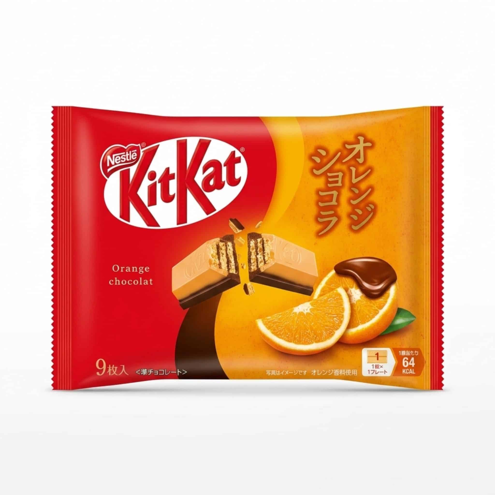 Japanese Kit Kat Orange Chocolat Flavour | Snack Affair Archives KitKat orange flavor chocolate bar packaging with orange slices and chocolate pieces depicted on the wrapper in red and orange colors, close-up view.
