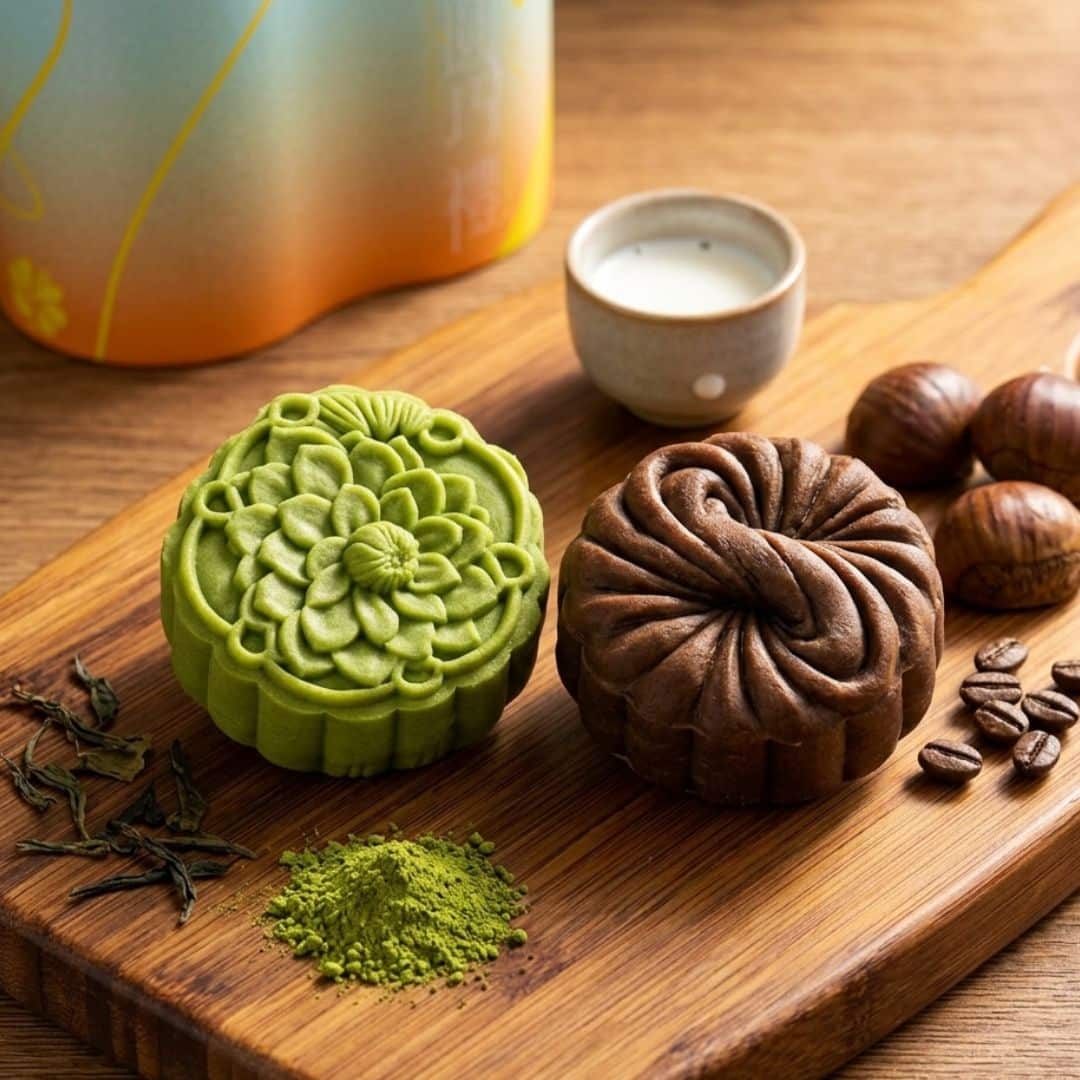 Casahana Mooncake Green Tea Espresso 2 | Snack Affair Archives Green matcha mooncake with a floral pattern next to a chocolate mooncake on a wooden board, with tea and nuts nearby.