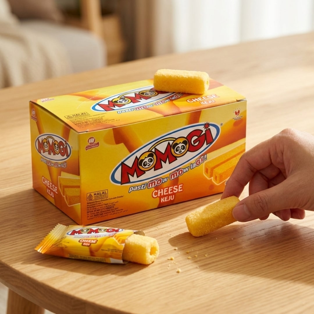 Momogi Cheese Corn Stick | Snack Affair Archives Yellow Momogi cheese crackers box on a wooden table with a hand picking up a crunchy snack from a piece of the cracker and an opened wrapper nearby.