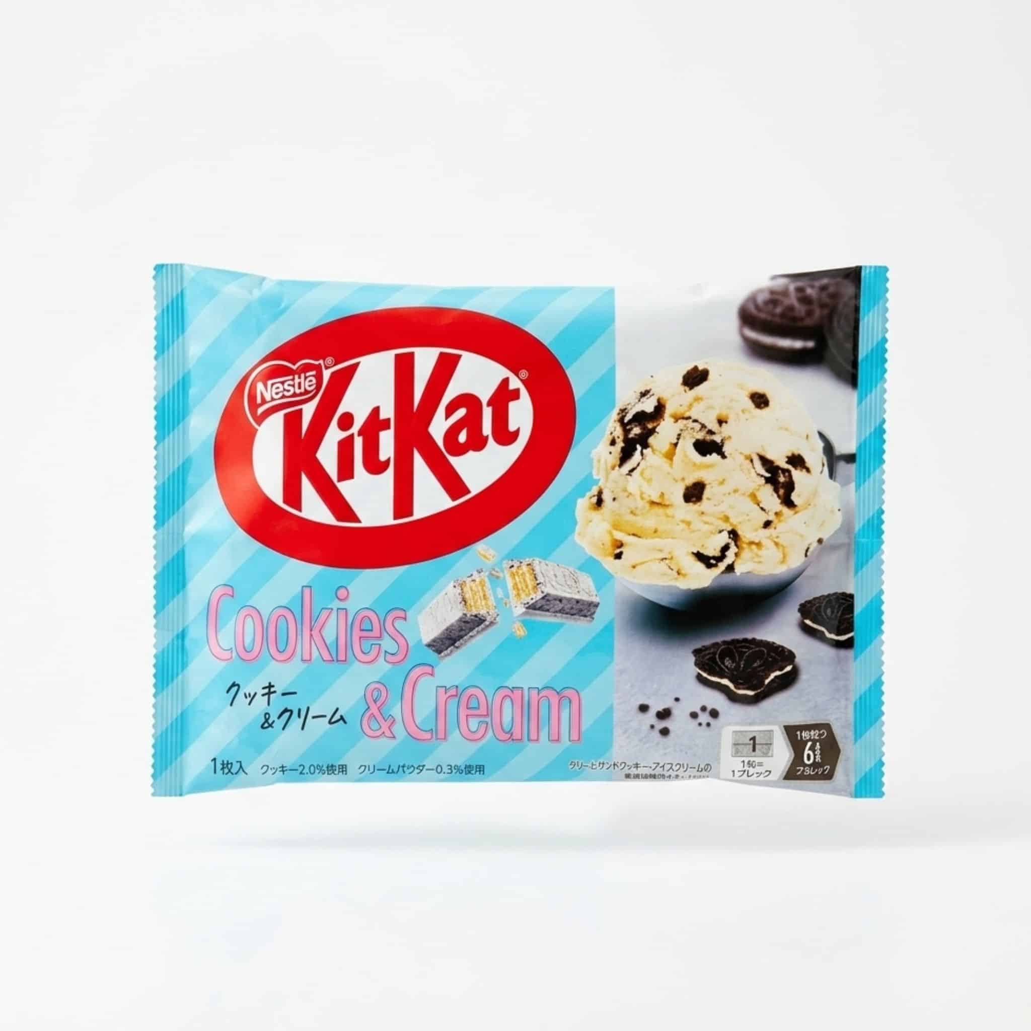 Japanese Kit Kat Cookies Cream Flavour 1 | Snack Affair Archives KitKat cookie and cream flavor package, featuring blue striped design and ice cream cookie image on the right side