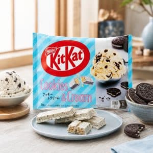 Archives KitKat Cookies & Cream packaging visible with cookies and wafers on a wooden table