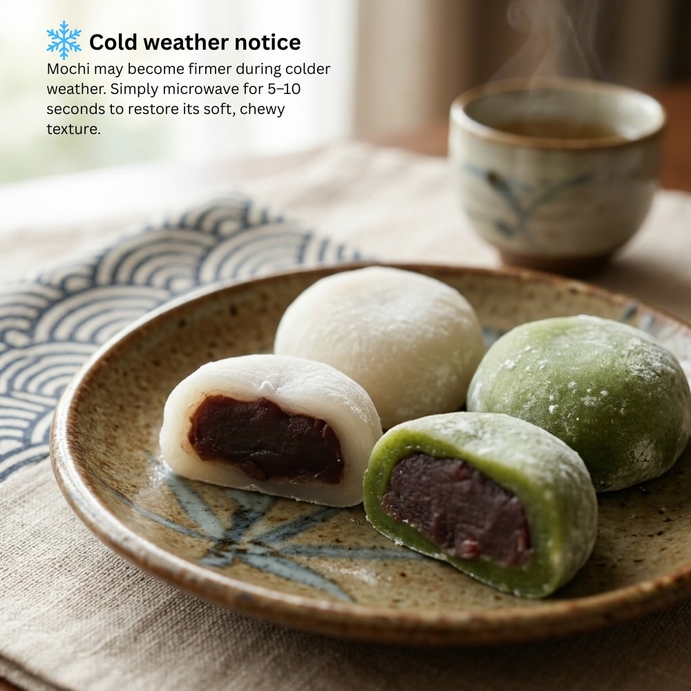 Japan daifuku matcha with azuki beans 2 | Snack Affair Archives Cold weather notice: mochi may become firmer in cold weather; microwaving 5–10 seconds restores its soft texture; plate of white and green mochi with red bean filling.