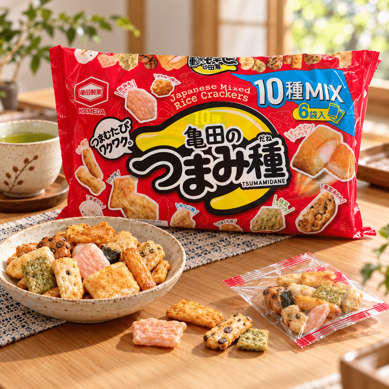 Kameda 10Variety Japanese Rice Crackers2 | Snack Affair Archives Bright red bag of Japanese mixed rice crackers next to a bowl of assorted crackers on a wooden table.