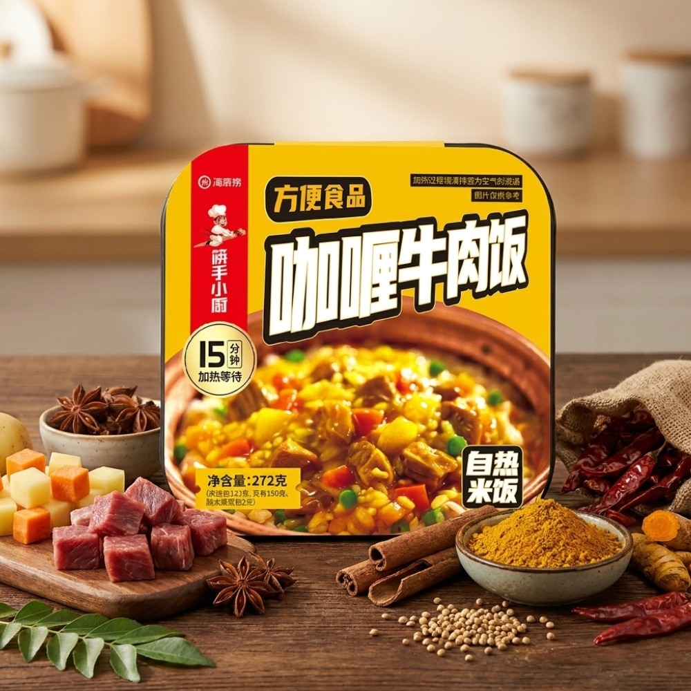 Haidilao curry beef | Snack Affair Archives Bright yellow instant beef fried rice package on a wooden table, surrounded by spices and cubes of meat on the side.