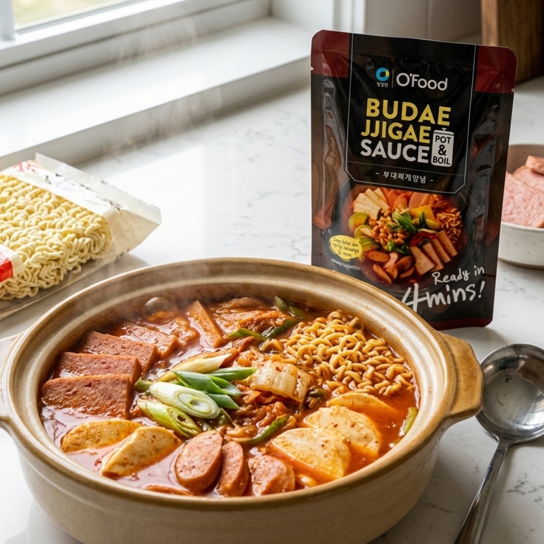 ofood budae jjigae sauce 2 | Snack Affair Archives Clay pot of budae jjigae with sausage, tofu, and greens in spicy broth; packet of sauce mix and uncooked noodles on the counter.