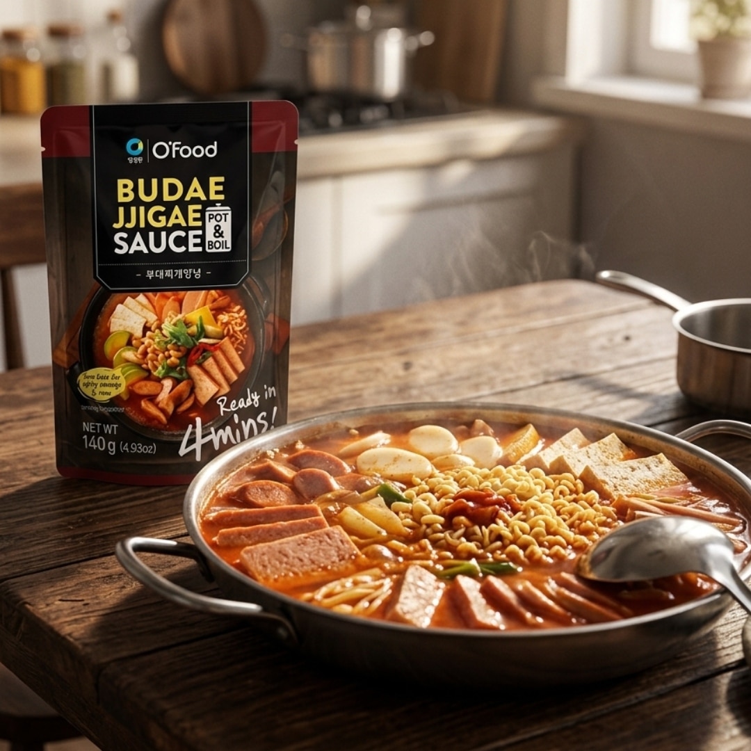ofood budae jjigae sauce 3 | Snack Affair Archives O'Food Budae Jjigae sauce pouch beside a steaming hot pot of jjigae on a rustic wooden table in a kitchen.