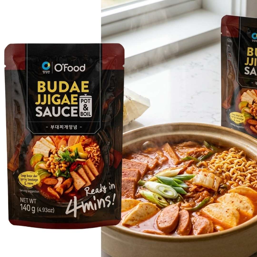ofood budae jjigae sauce | Snack Affair Archives Pouch of O'Food Budae Jjigae Sauce beside a simmering Korean stew pot with sausage, tofu and vegetables.