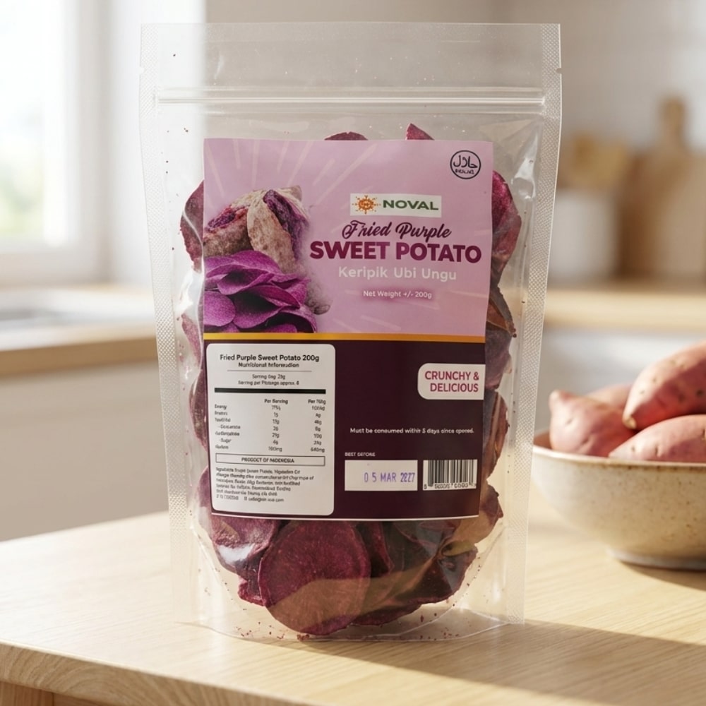 indonesia Purple Sweet Potato Chips 2 | Snack Affair Archives Stand-up resealable bag of fried purple sweet potato chips with pink label showing 'Fried Purple Sweet Potato' on a kitchen counter.