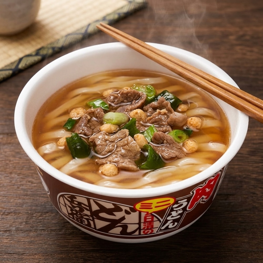 nissin donbei beef udon 2 | Snack Affair Archives Hot cup of beef noodle soup with sliced beef, green onions, and crispy bits in broth, with chopsticks resting on the rim.