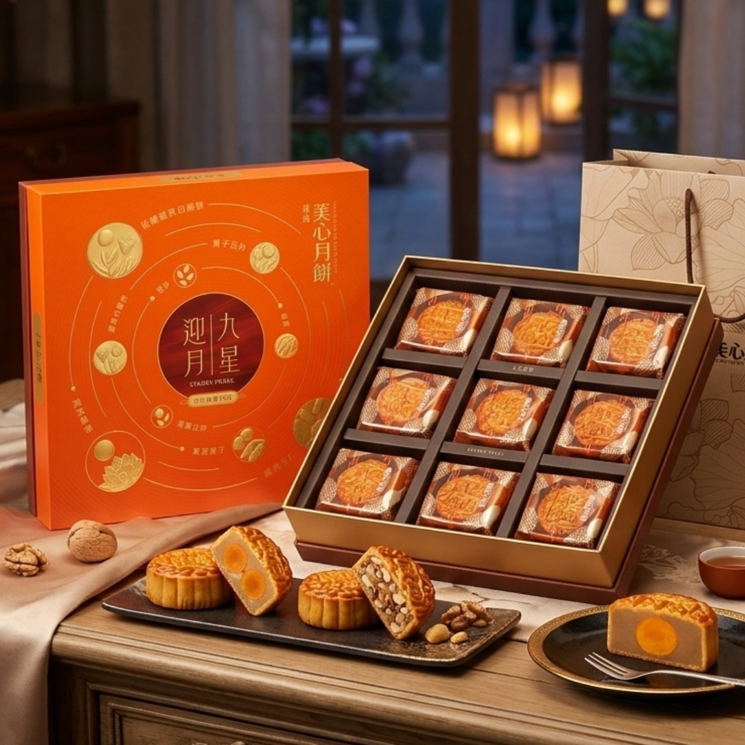 Meixin Starry Pearl Assorted Mooncake 1 | Snack Affair Archives Orange gift box of mooncakes with twelve individually wrapped pastries in a gold tray, set on a table.