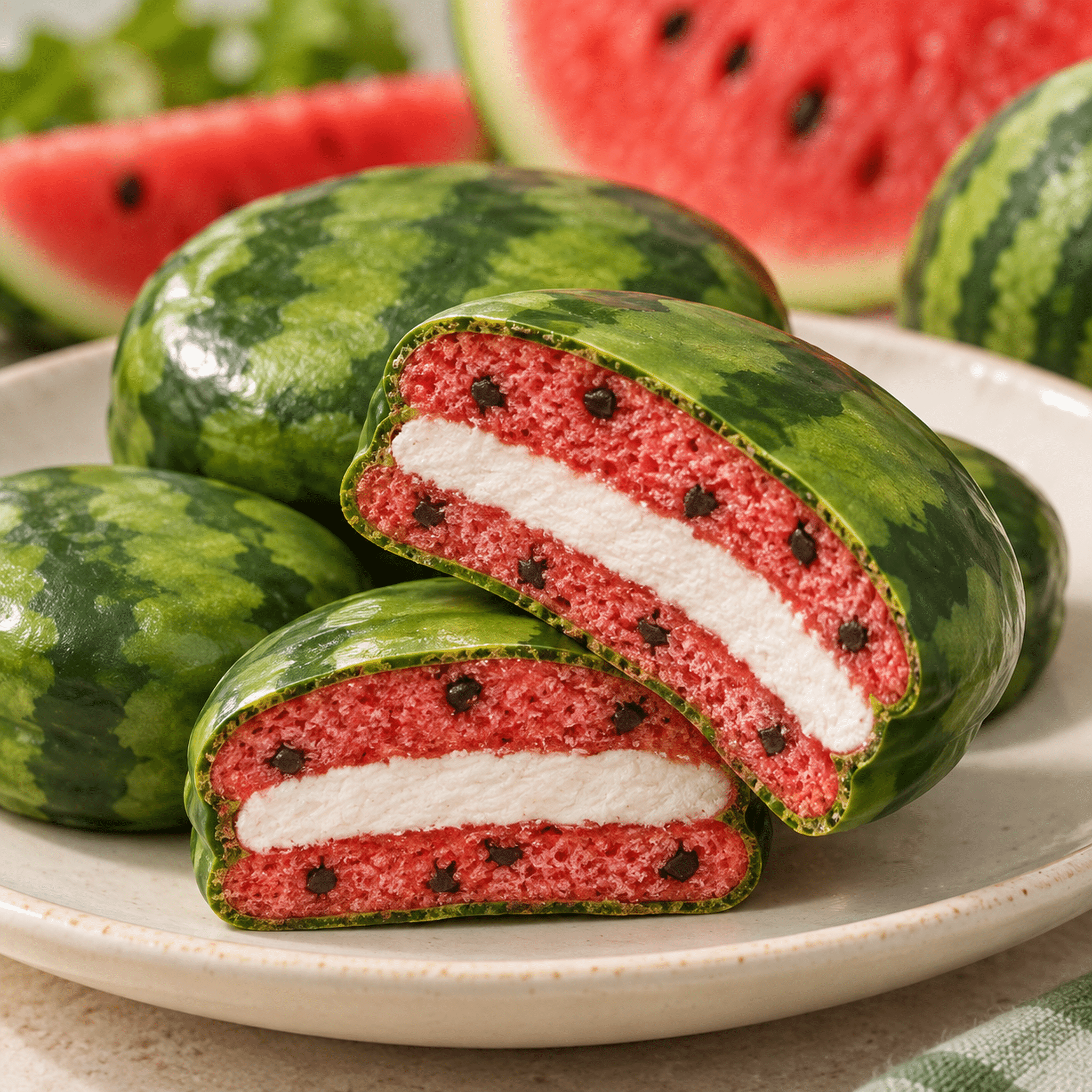 Orion ChocoPie Watermelon 336g Snack Close Up | Snack Affair Archives Cross-sectioned watermelon halves stacked on a plate, showing red flesh with black seeds and a white creamy filling between layers.