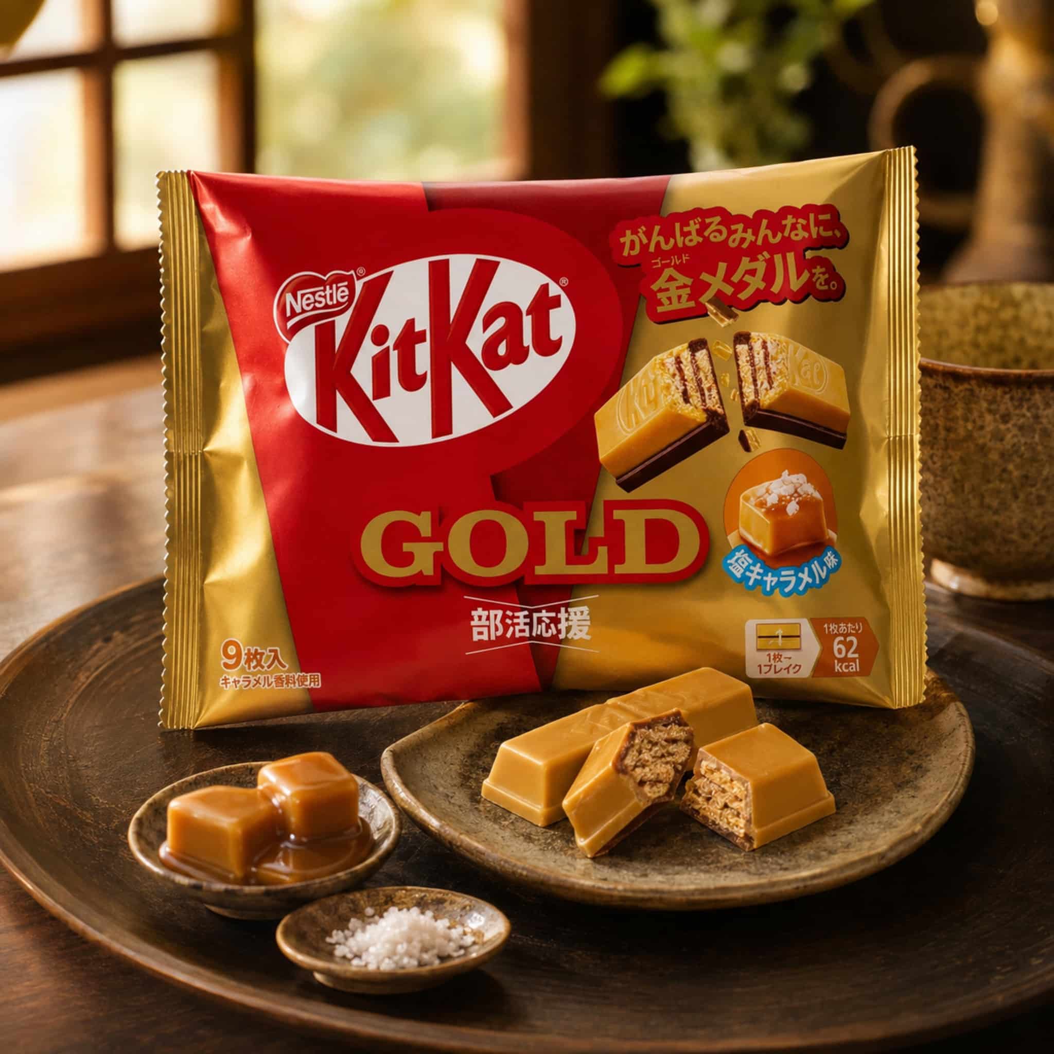 Japanese KitKat Gold Salt Caramel Flavour Lifestyle | Snack Affair Archives Nestlé KitKat Gold chocolate packaging with caramel pieces on a wooden plate/board surface.