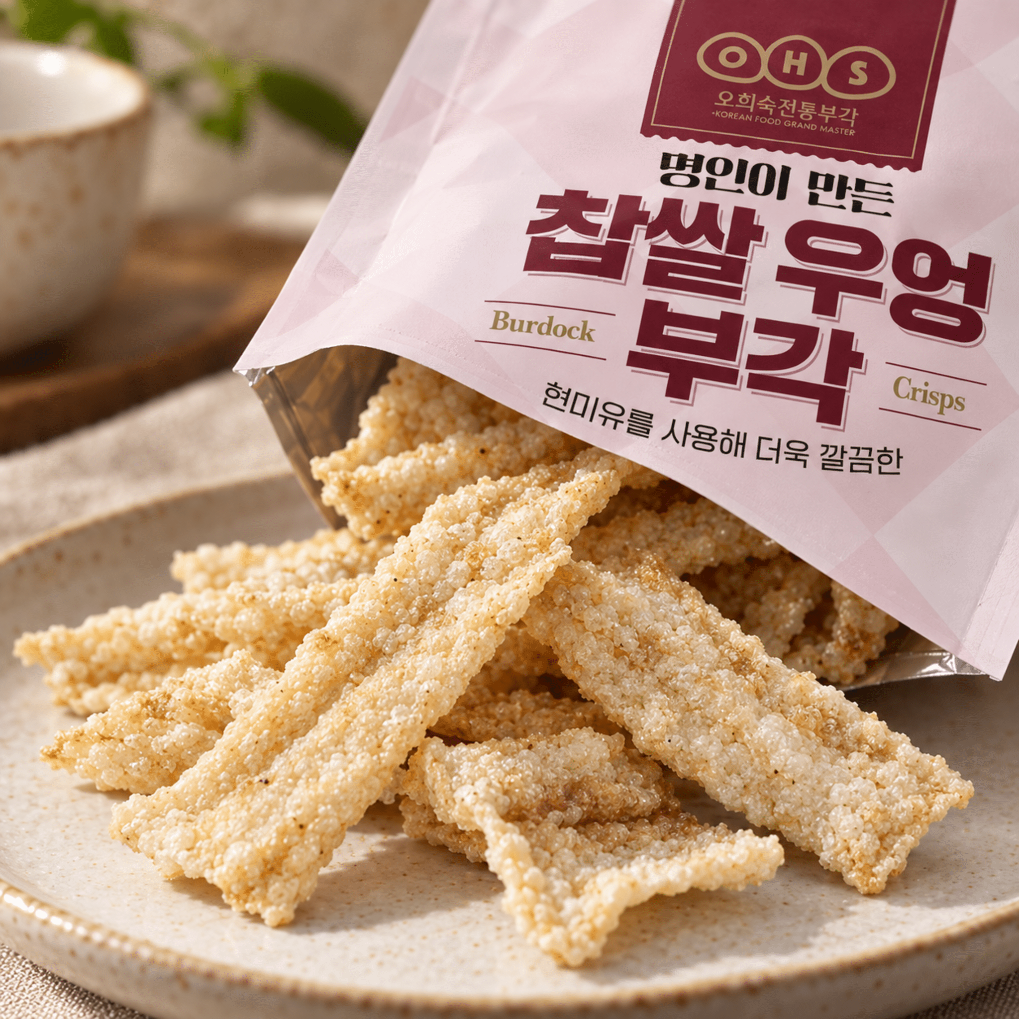 OHS Glutinous Rice Burdock Crisps 30g Close Up | Snack Affair Archives Crunchy sesame-bur dock crackers spilling from a pink snack bag onto a plate, showing ridged, light-brown strips of fried burdock root with sesame coating.