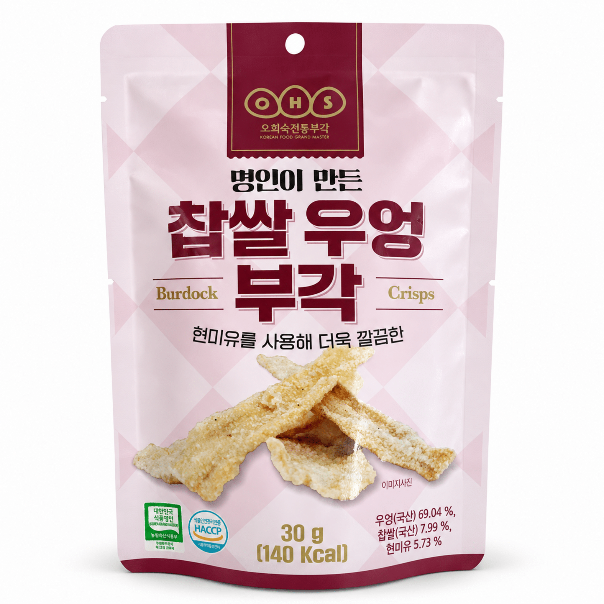 OHS Glutinous Rice Burdock Crisps 30g White Background Front | Snack Affair Archives Close-up of a pink Korean snack bag with a burgundy label and scattered chips in front; reads Burdock Crisps on the package and includes Korean text and logos.