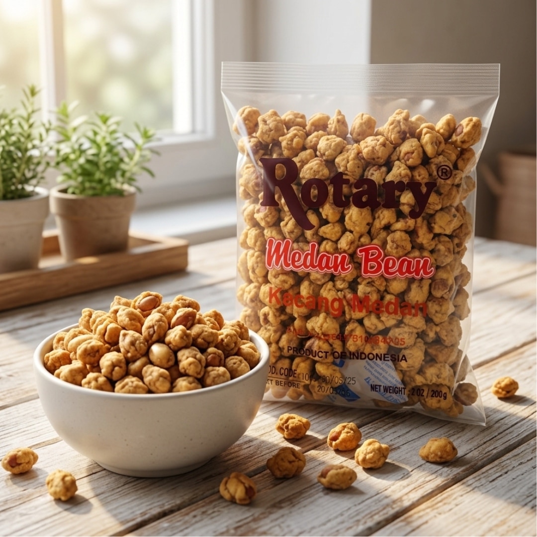 rotary medan bean 3 | Snack Affair Archives Bag of Rotary Medan Bean roasted snacks with a bowl of the same nuts on a wooden table in sunlight.