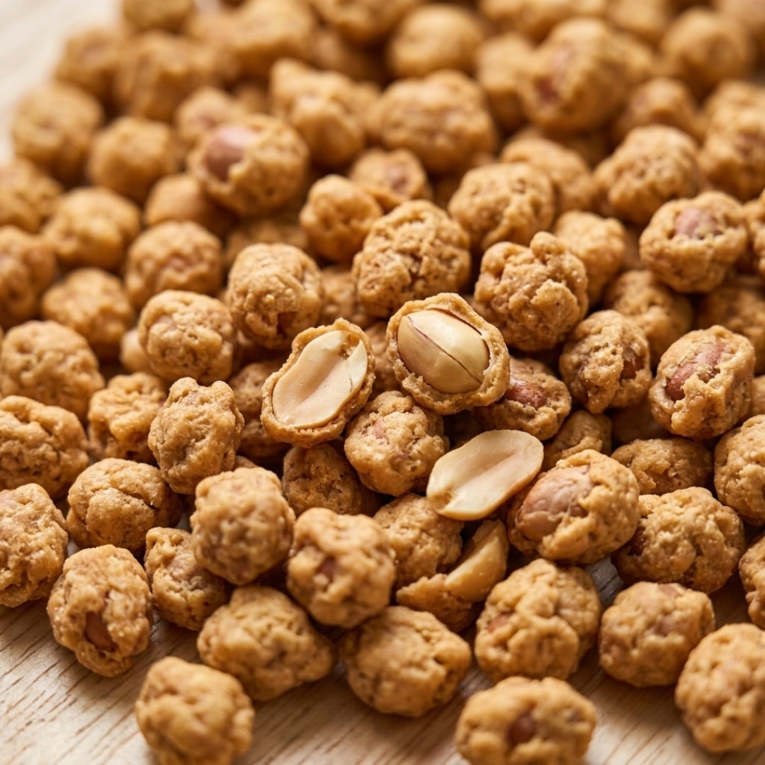 rotary medan bean 4 | Snack Affair Archives Pile of small, round peanut-coated snack bites scattered on a wooden surface, with a few peanuts showing through the coating.