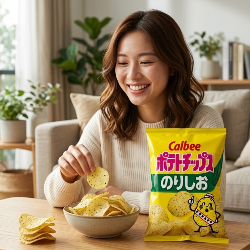 calbee nori seaweed chips 2 | Snack Affair Archives Woman smiles while scooping potato chips from a bowl on a table, with a bright yellow Calbee bag beside her at home.