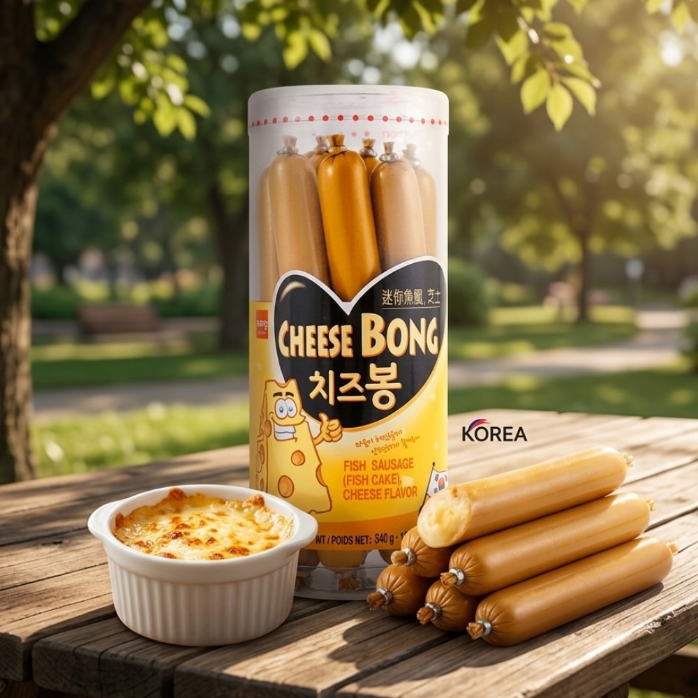 wang Korea Cheese bong fish sausage 2 | Snack Affair Archives Pack of Cheese Bong cheese-flavored sausage snacks with a cheesy dip on a picnic table in a park setting, outdoors.