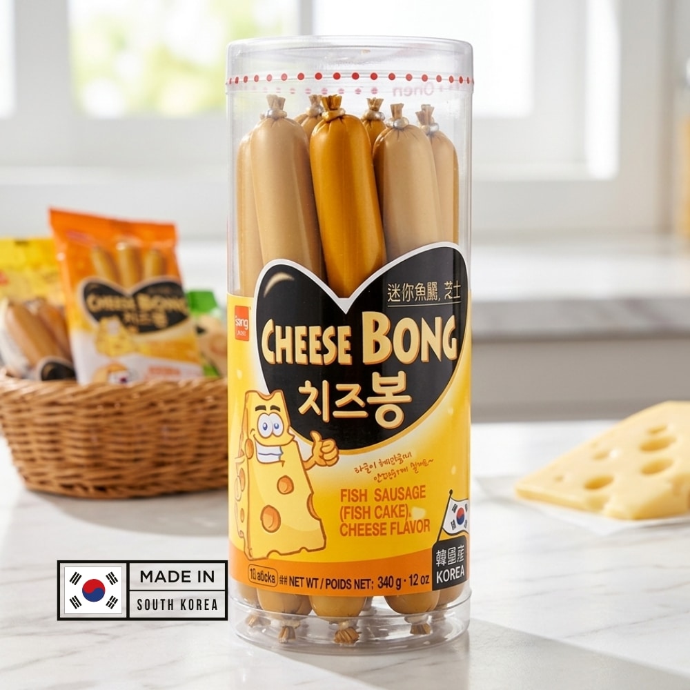wang Korea Cheese bong fish sausage | Snack Affair Archives Clear cylinder containing cheese-flavored fish sausage sticks with a cheese mascot, labeled 'Cheese Bong' and 'Made in South Korea'