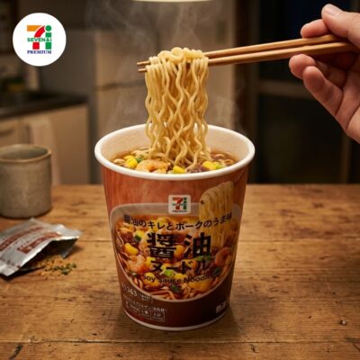 Steaming cup of soy sauce noodles with chopsticks lifting a nest of noodles; 7-Eleven Premium cup on a wooden table.