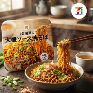 Archives Plate of steaming fried noodles with green onions, lifted by chopsticks, next to a noodle package labeled 'Fried Noodles with Sauce' and a Seven-Eleven logo in the corner.