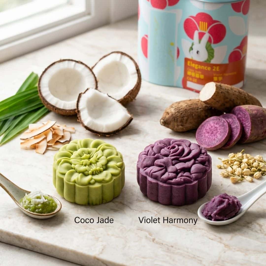 Casahana Mooncake Gift Set Coco Jade Violet Harmony 3 | Snack Affair Archives Two decorative mooncakes, Coco Jade (green) and Violet Harmony (purple), sit on a marble counter with coconut pieces and taro nearby for context to show product varieties in a kitchen setting.
