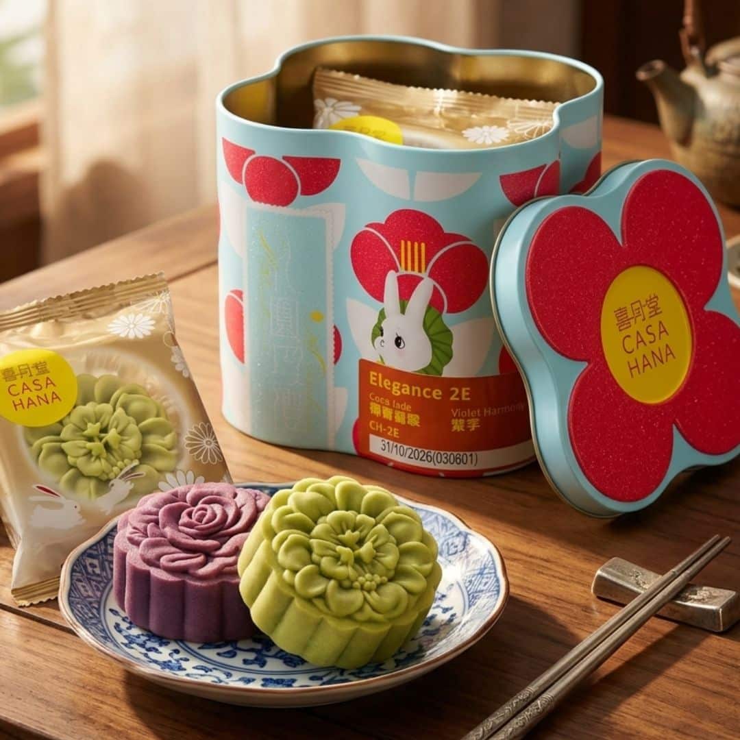 Casahana Mooncake Gift Set Coco Jade Violet Harmony 4 | Snack Affair Archives Decorative blue tin with red flowers and a bunny holds packaged mooncakes; two flower-shaped mooncakes sit on a blue floral plate nearby with chopsticks at the edge.