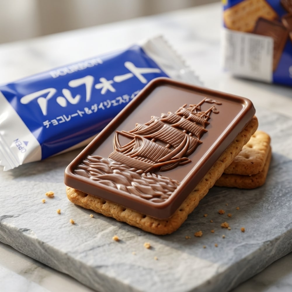 bourbon alfort chocolate 3 | Snack Affair Archives Chocolate ship resting on a biscuit cracker, with a blue Japanese snack wrapper in the background.