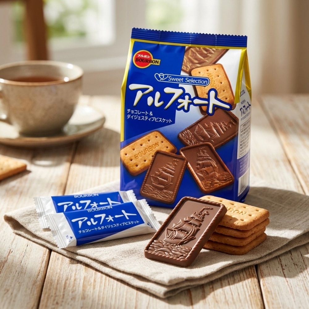 bourbon alfort chocolate main | Snack Affair Archives Blue bag of Bourbon Sweet Selection chocolate biscuits with ship-engraved chocolate pieces on a wooden table, tea cup in the background.