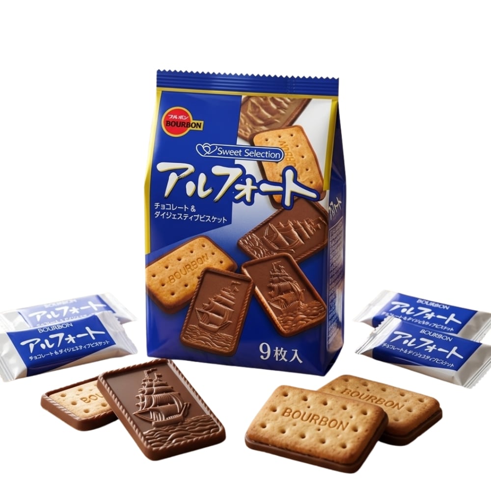bourbon alfort chocolate white background | Snack Affair Archives Blue bag labeled Bourbon Sweet Selection with embossed ship biscuits and a few unwrapped cookies around it