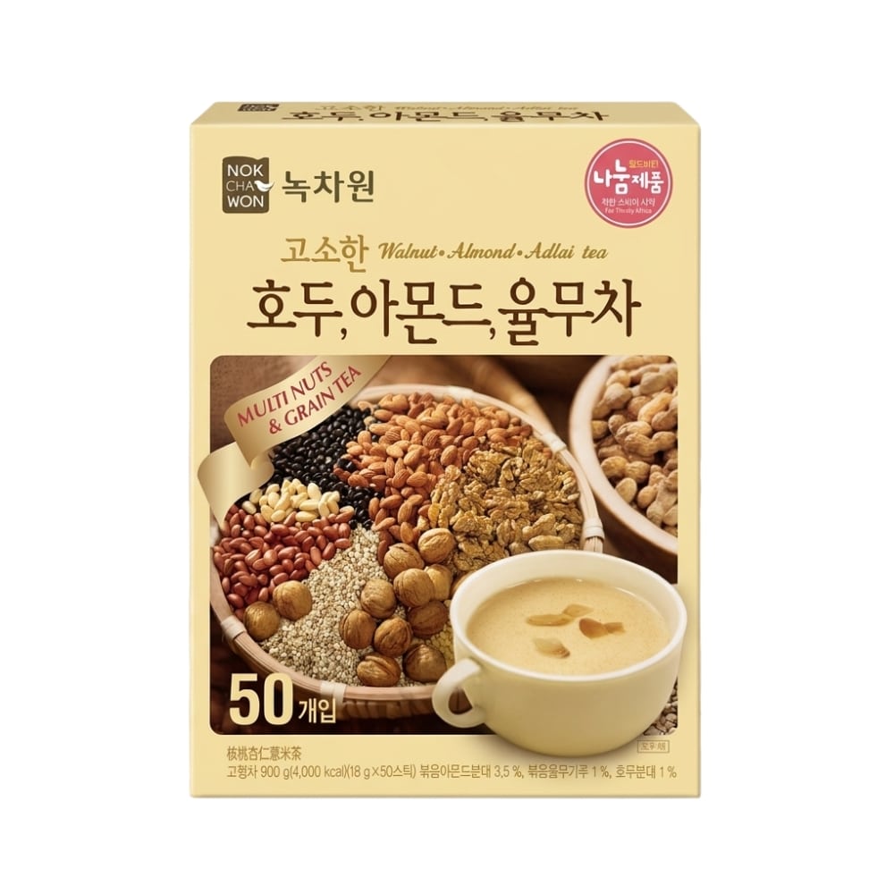 Korean Mixed Cereal Tea white background | Snack Affair Archives Korean tea box for Walnut–Almond–Adlai multi-nuts & grains tea, 50 sachets, with nut collage and a cup of tea