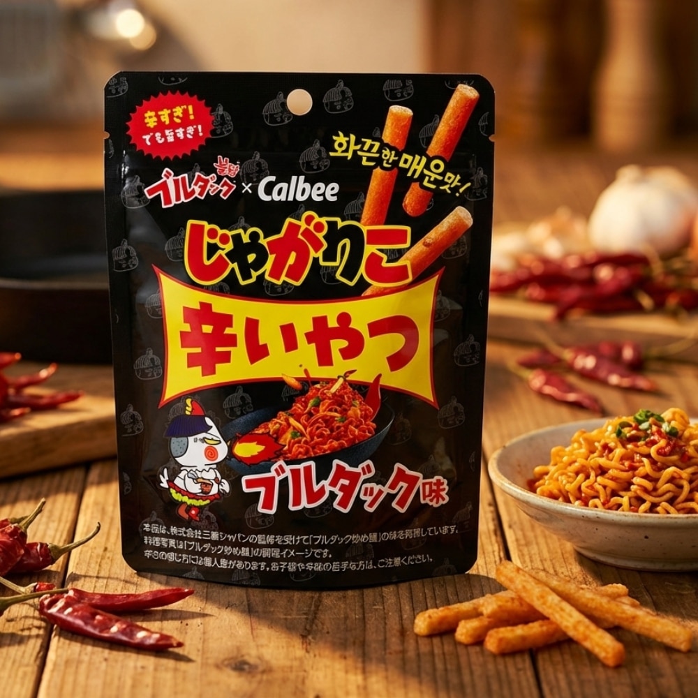 Calbee Jagarico Spicy Buldak Flavour background | Snack Affair Archives